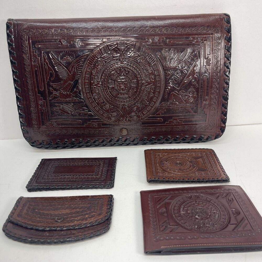 Wallet Fold Hand Tooled Leather Embossed Aztec Stamped Mexico Brown 12x7.5in WOW